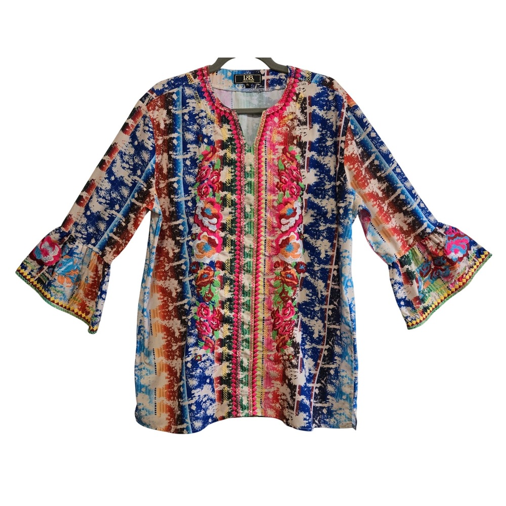 Lucky & Blessed XL Boho Floral Embroidered Bell Sleeve Tunic Top Multicolor NWOT